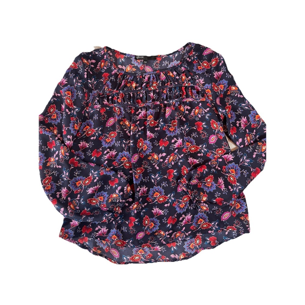 Gibson Floral Smocked Blouse Boho Paisley Top Sz XS Navy Blue Casual WESTERN